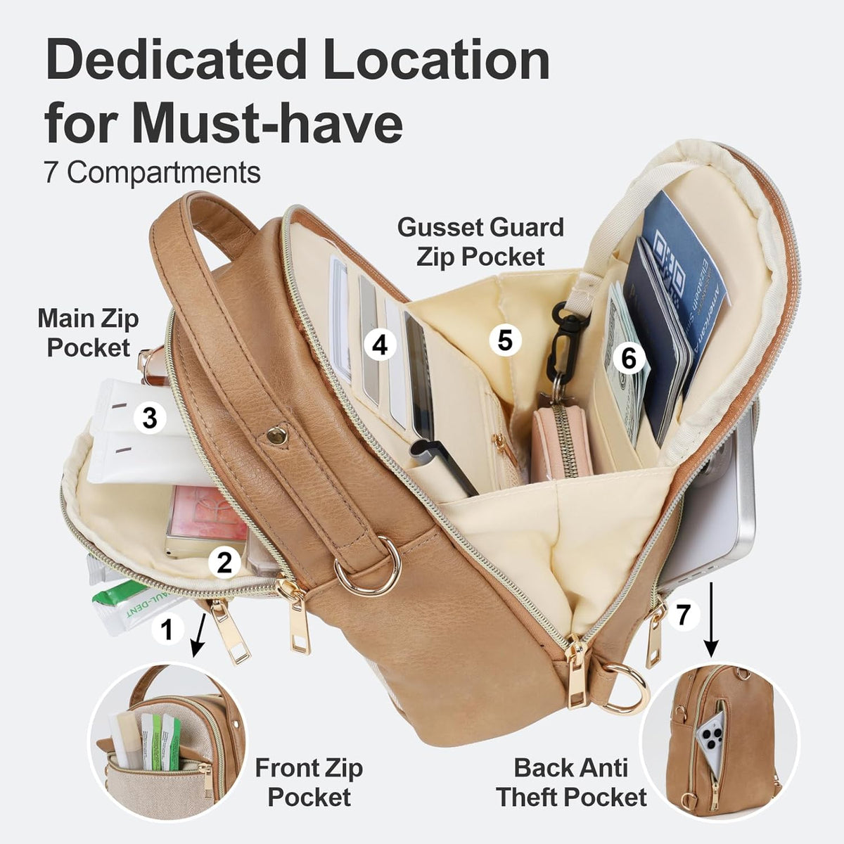 Sling Bag for Women - Canvas Crossbody Bag, 7 Pockets, Beige | Smart Organization, Hidden Back Pocket, Adjustable Strap, Leather Bottom, Fits iPad Mini, Travel Essentials, with Gift Box