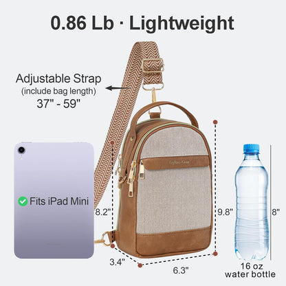 Sling Bag for Women - Canvas Crossbody Bag, 7 Pockets, Beige | Smart Organization, Hidden Back Pocket, Adjustable Strap, Leather Bottom, Fits iPad Mini, Travel Essentials, with Gift Box