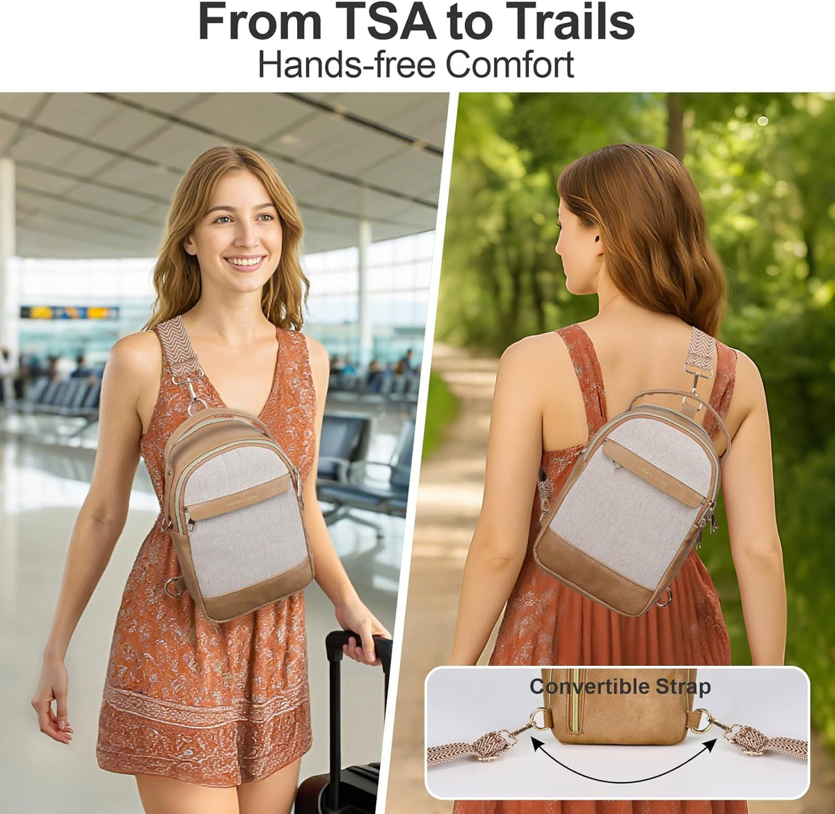 Sling Bag for Women - Canvas Crossbody Bag, 7 Pockets, Beige | Smart Organization, Hidden Back Pocket, Adjustable Strap, Leather Bottom, Fits iPad Mini, Travel Essentials, with Gift Box