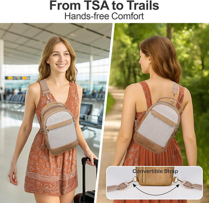 Sling Bag for Women - Canvas Crossbody Bag, 7 Pockets, Beige | Smart Organization, Hidden Back Pocket, Adjustable Strap, Leather Bottom, Fits iPad Mini, Travel Essentials, with Gift Box