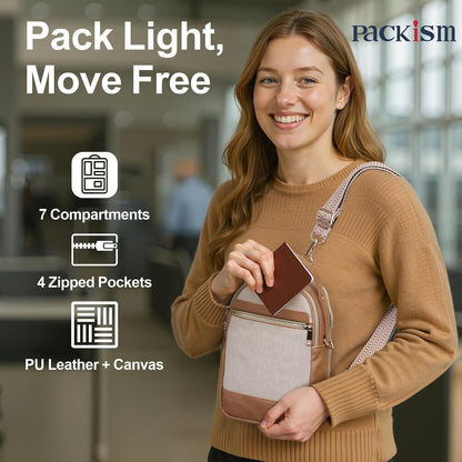 Sling Bag for Women - Canvas Crossbody Bag, 7 Pockets, Beige | Smart Organization, Hidden Back Pocket, Adjustable Strap, Leather Bottom, Fits iPad Mini, Travel Essentials, with Gift Box