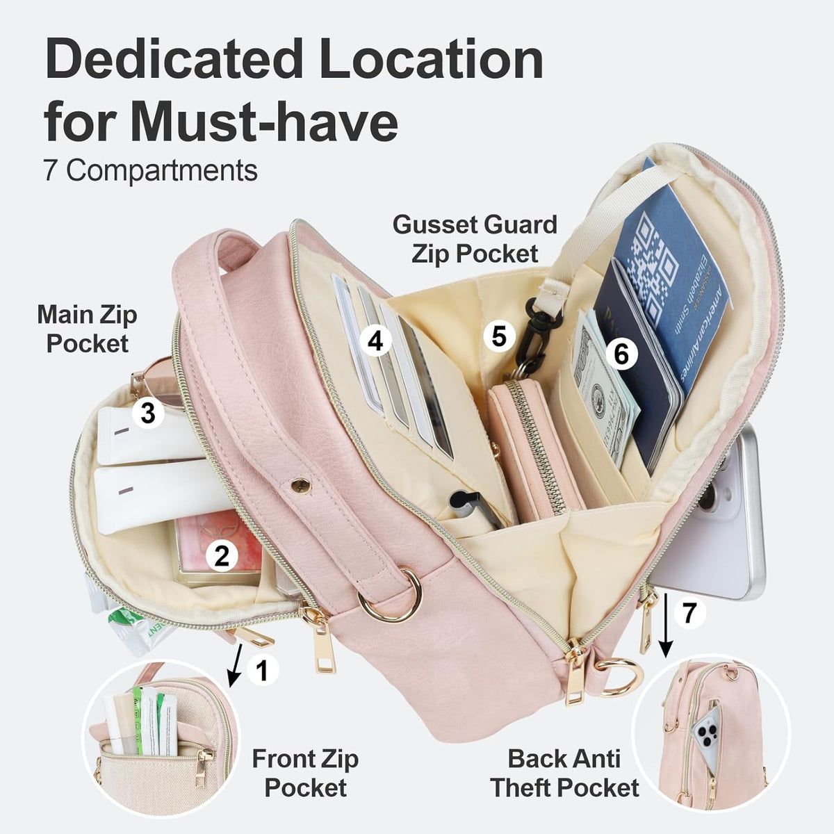 Sling Bag for Women - Canvas Crossbody Bag, 7 Pockets, Beige | Smart Organization, Hidden Back Pocket, Adjustable Strap, Leather Bottom, Fits iPad Mini, Travel Essentials, with Gift Box
