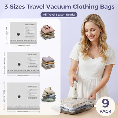 Travel Vacuum Bags with Electric Pump, Compression 9-Piece | 80% Space Saving for Clothes & Bedding, Fits Carry-On Suitcases, Reusable For Luggage, Closets, and Home Storage