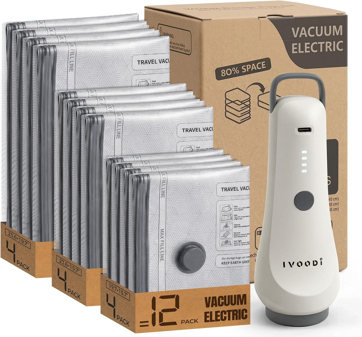 Travel Vacuum Bags with Electric Pump, Compression 9-Piece | 80% Space Saving for Clothes & Bedding, Fits Carry-On Suitcases, Reusable For Luggage, Closets, and Home Storage