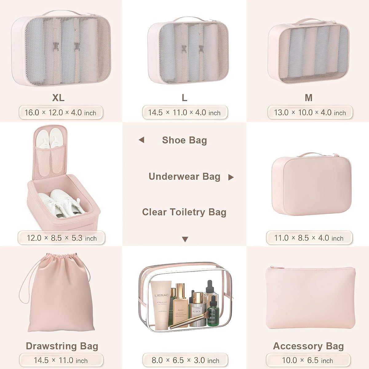 8 Set Packing Cubes for Travel with Clear Toiletry Bag, Durable Luggage Packing Organizers, Carry-On Accessories, TSA Approved See-Through Cubes, Space-Saving Storage Bags, Gifts for Women