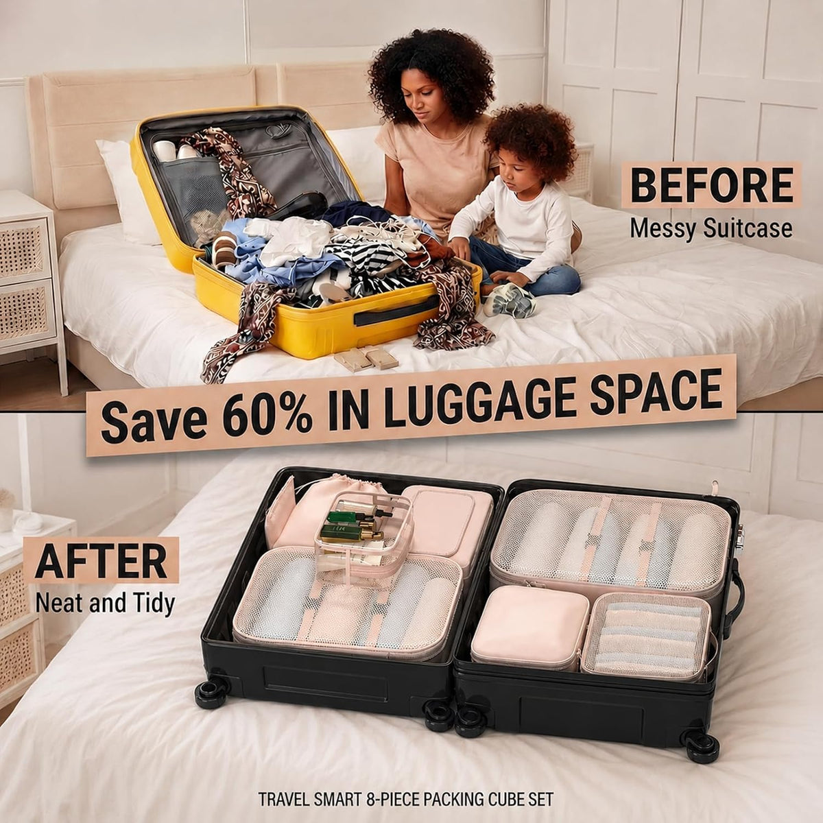 8 Set Packing Cubes for Travel with Clear Toiletry Bag, Durable Luggage Packing Organizers, Carry-On Accessories, TSA Approved See-Through Cubes, Space-Saving Storage Bags, Gifts for Women