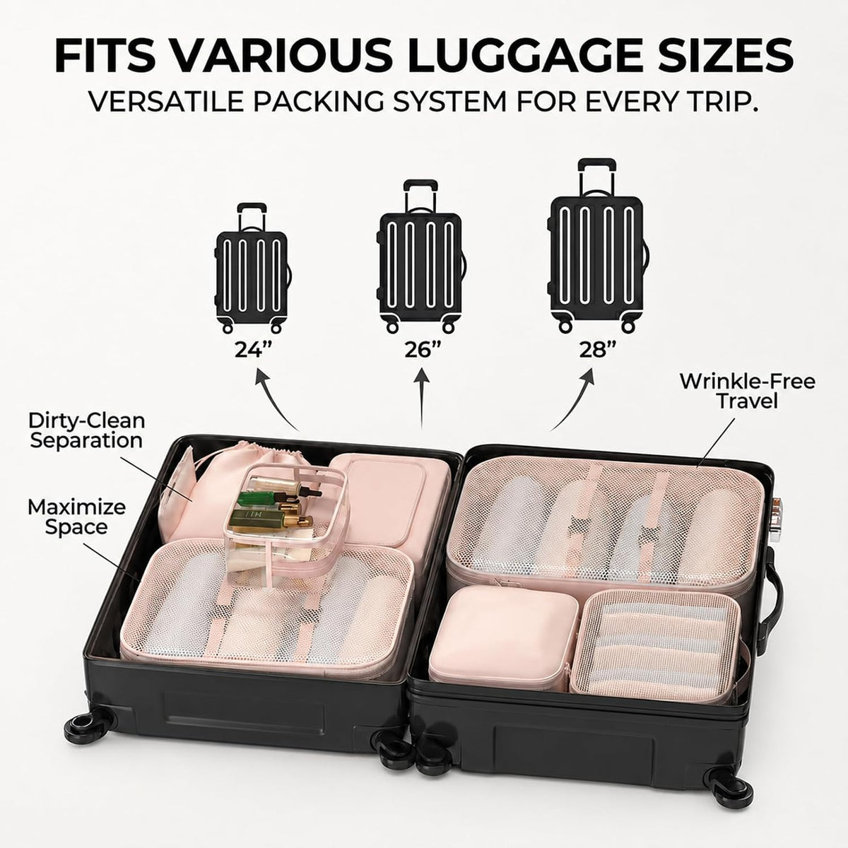 8 Set Packing Cubes for Travel with Clear Toiletry Bag, Durable Luggage Packing Organizers, Carry-On Accessories, TSA Approved See-Through Cubes, Space-Saving Storage Bags, Gifts for Women
