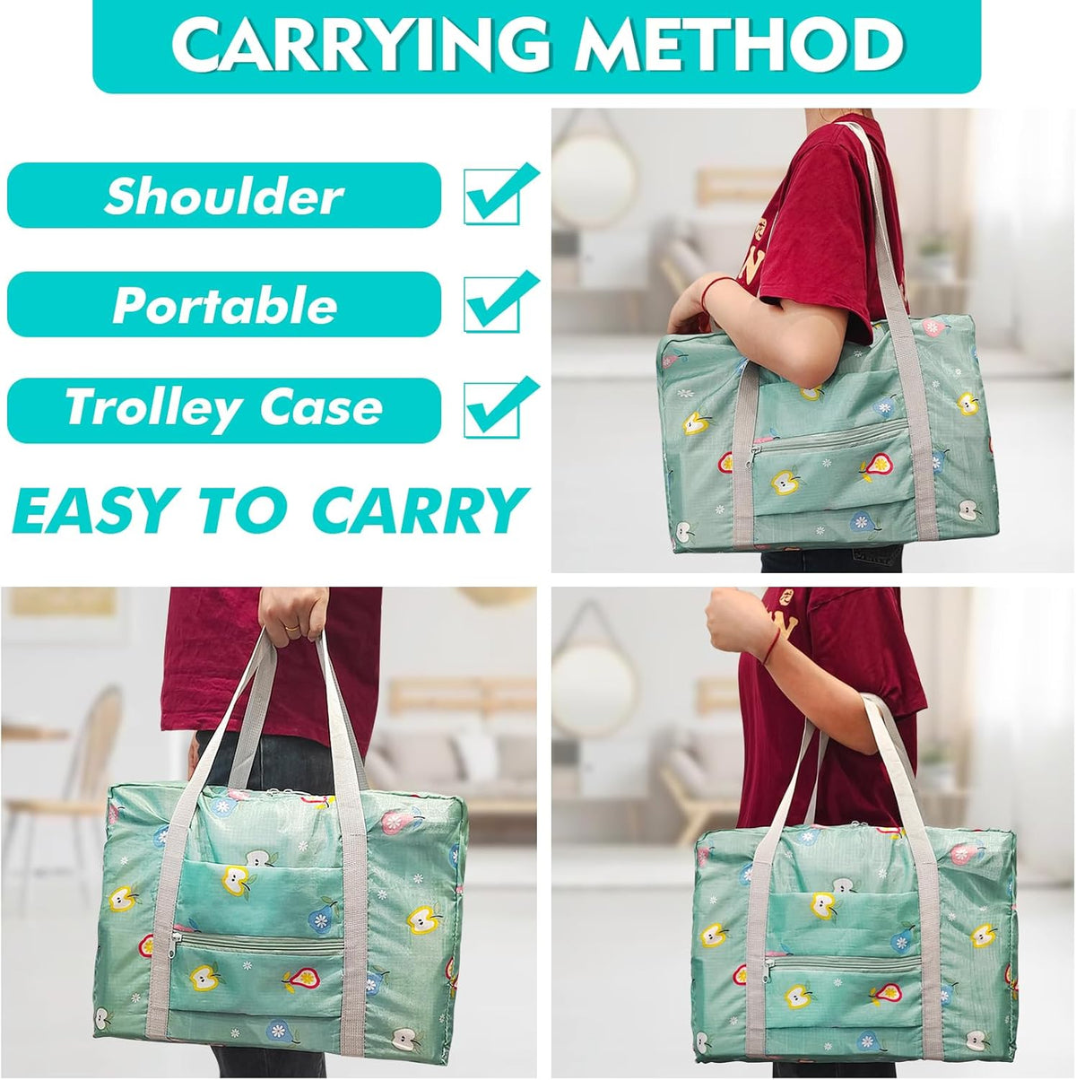 Travel Bag Carry on Duffel Bag Foldable Luggage Spirit Airlines Personal Item Bag Sports Gym Bags Weekender Overnight Bag Nylon Travel Duffel for Women (Green Apple)