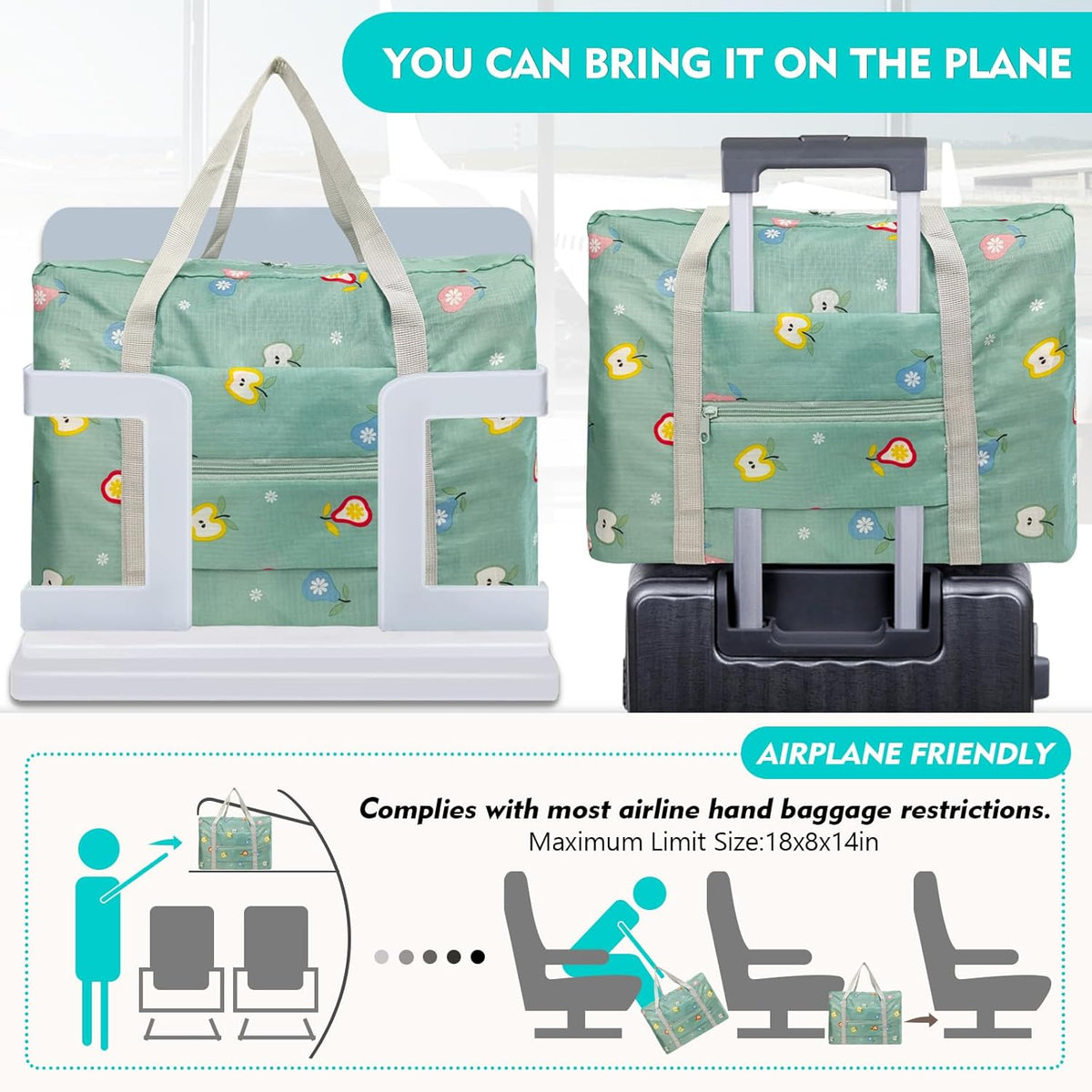 Travel Bag Carry on Duffel Bag Foldable Luggage Spirit Airlines Personal Item Bag Sports Gym Bags Weekender Overnight Bag Nylon Travel Duffel for Women (Green Apple)