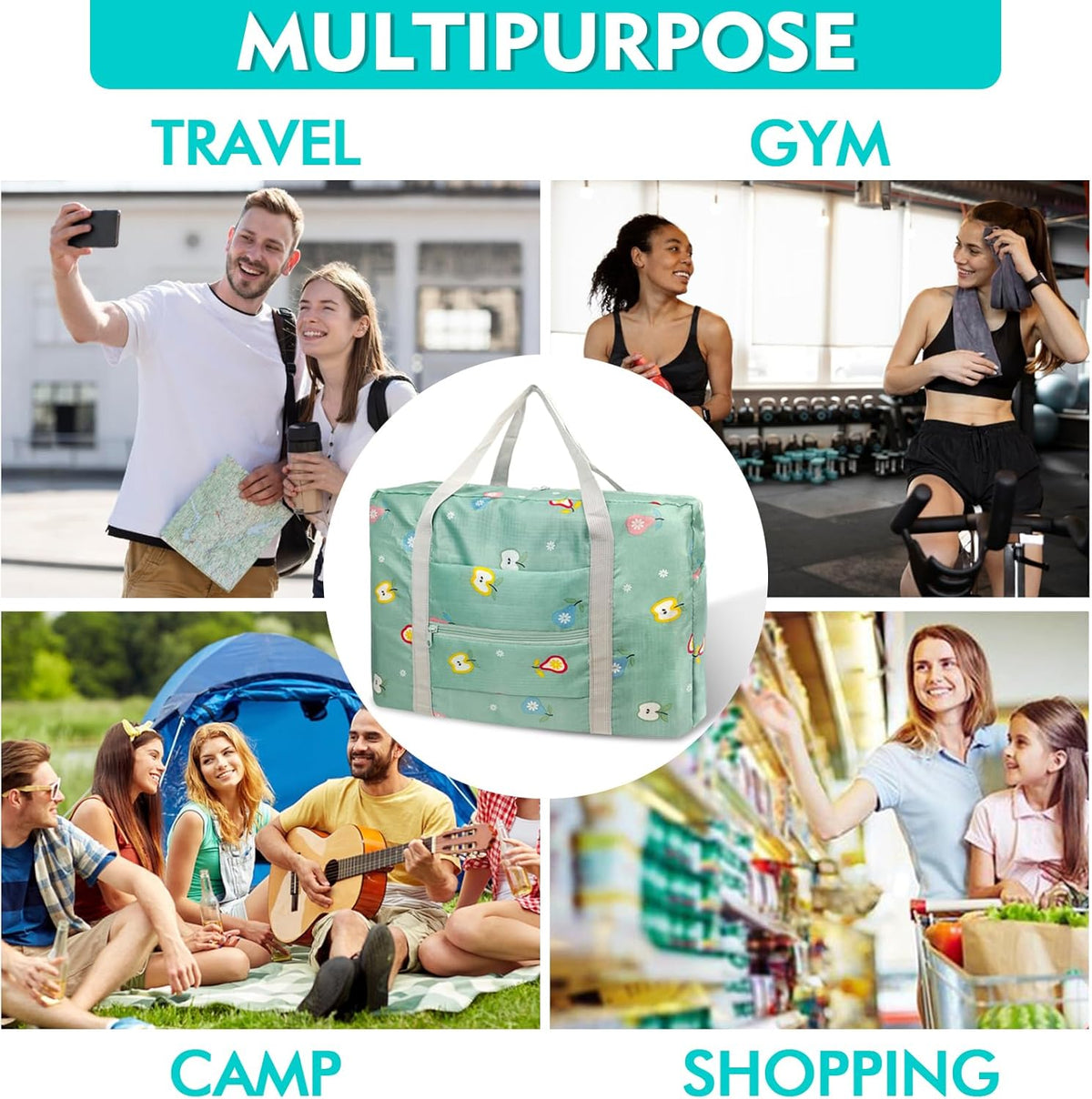 Travel Bag Carry on Duffel Bag Foldable Luggage Spirit Airlines Personal Item Bag Sports Gym Bags Weekender Overnight Bag Nylon Travel Duffel for Women (Green Apple)