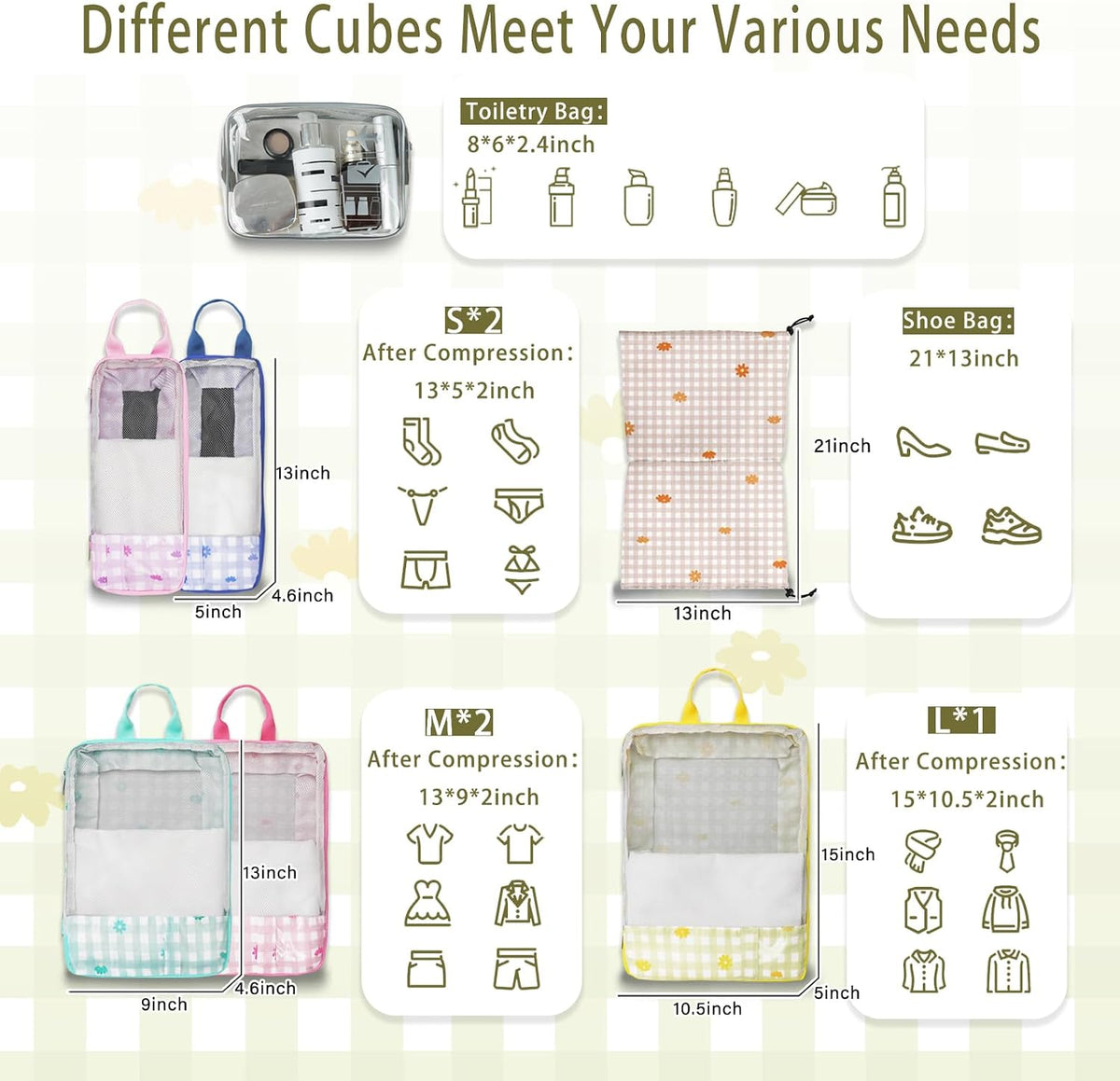7 Pcs Compression Packing Cubes Travel for Suitcases, Luggage Organizer Washable Storage Bags Set for Backpack Travel- Packaging Cubes for Carry-Ons and Storage