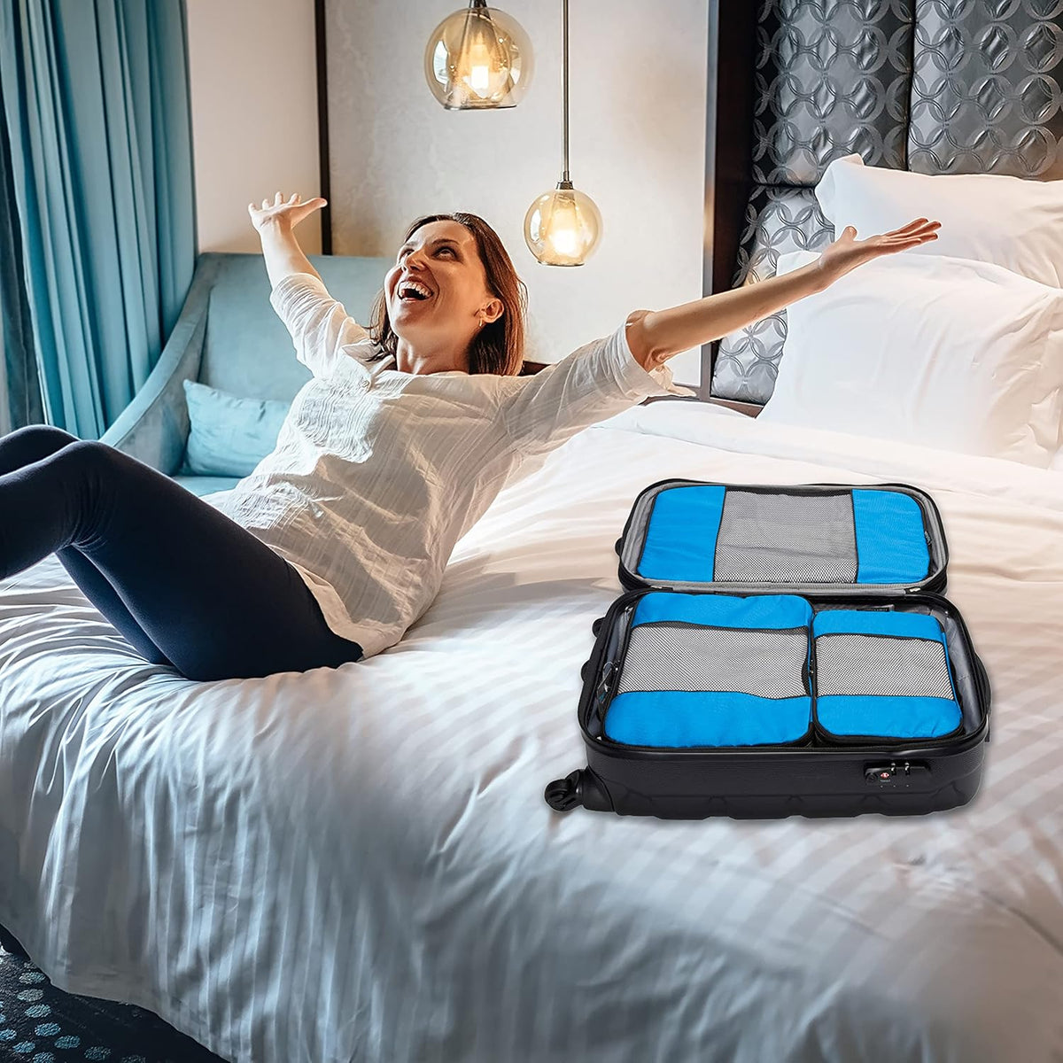 Packing Cubes for Travel - 5 Piece Set with Pattern Design, Lightweight Ripstop Nylon Luggage Organizers with Mesh Panel, Small Medium Large Sizes