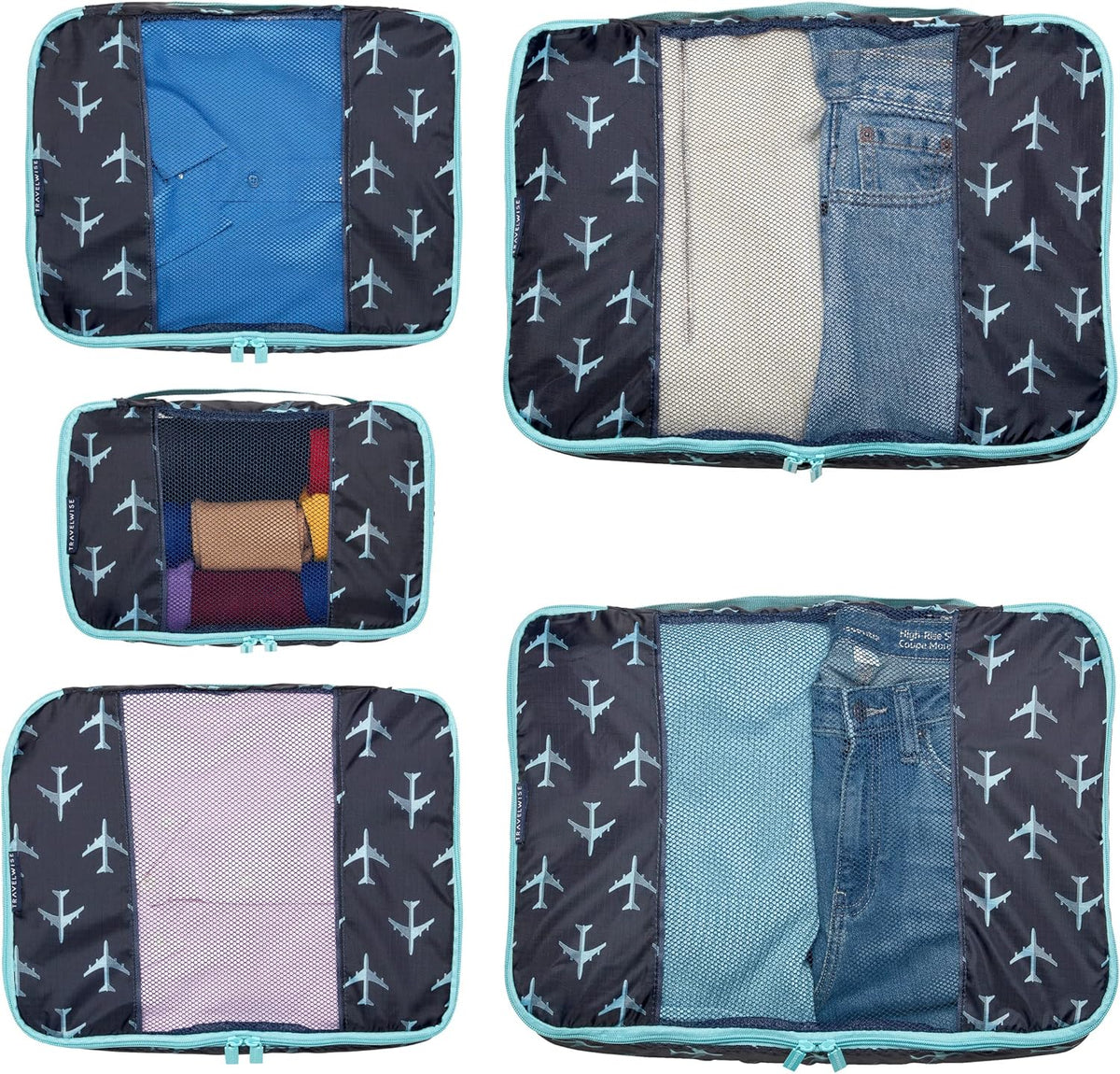 Packing Cubes for Travel - 5 Piece Set with Pattern Design, Lightweight Ripstop Nylon Luggage Organizers with Mesh Panel, Small Medium Large Sizes