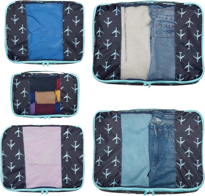 Packing Cubes for Travel - 5 Piece Set with Pattern Design, Lightweight Ripstop Nylon Luggage Organizers with Mesh Panel, Small Medium Large Sizes