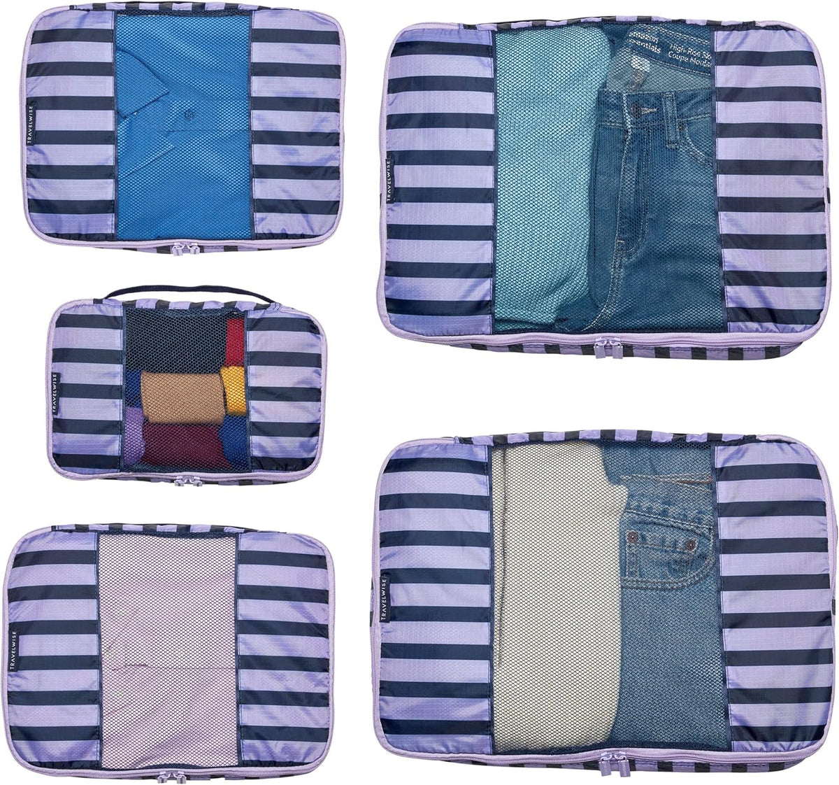 Packing Cubes for Travel - 5 Piece Set with Pattern Design, Lightweight Ripstop Nylon Luggage Organizers with Mesh Panel, Small Medium Large Sizes