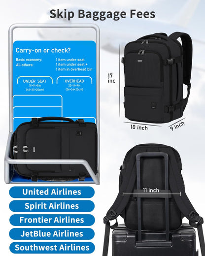 Travel Backpack For Spirit Airlines Personal Item Bag 18x14x8 with Wet Pocket, 17 Inch Laptop Backpack for Men Women（Black）