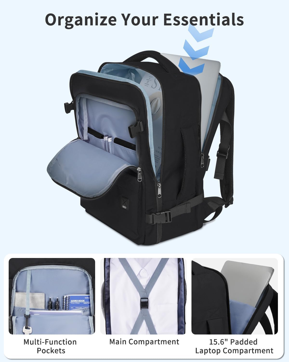 Travel Backpack For Spirit Airlines Personal Item Bag 18x14x8 with Wet Pocket, 17 Inch Laptop Backpack for Men Women（Black）