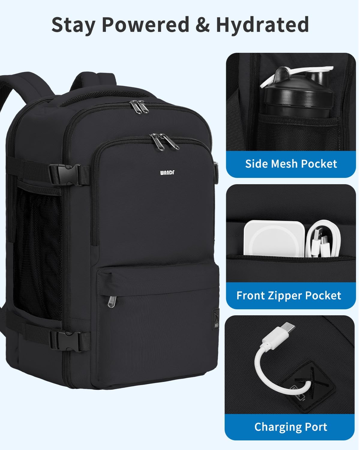 Travel Backpack For Spirit Airlines Personal Item Bag 18x14x8 with Wet Pocket, 17 Inch Laptop Backpack for Men Women（Black）