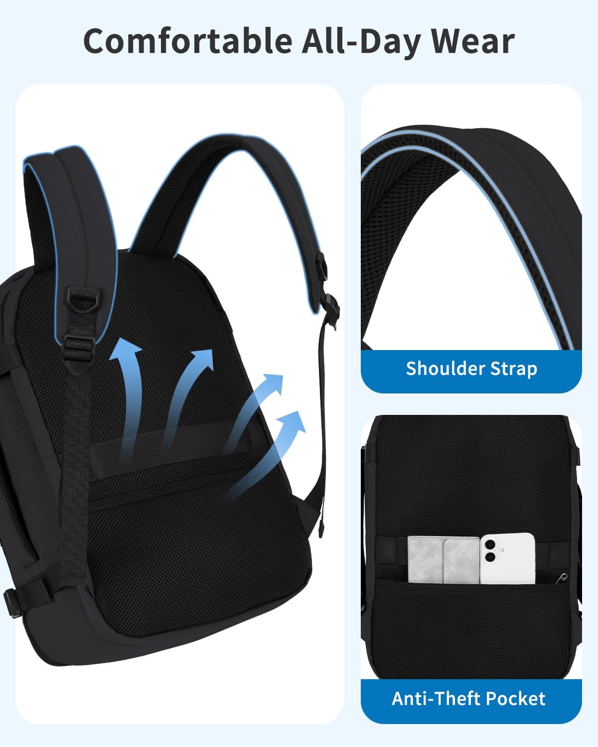 Travel Backpack For Spirit Airlines Personal Item Bag 18x14x8 with Wet Pocket, 17 Inch Laptop Backpack for Men Women（Black）