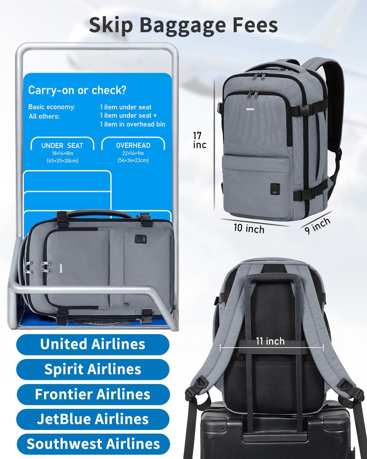 Travel Backpack For Spirit Airlines Personal Item Bag 18x14x8 with Wet Pocket, 17 Inch Laptop Backpack for Men Women（Black）