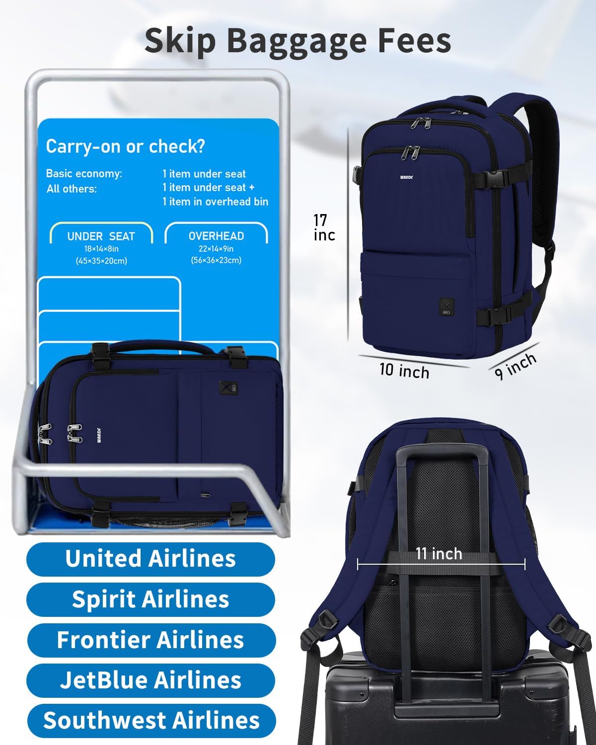 Travel Backpack For Spirit Airlines Personal Item Bag 18x14x8 with Wet Pocket, 17 Inch Laptop Backpack for Men Women（Black）