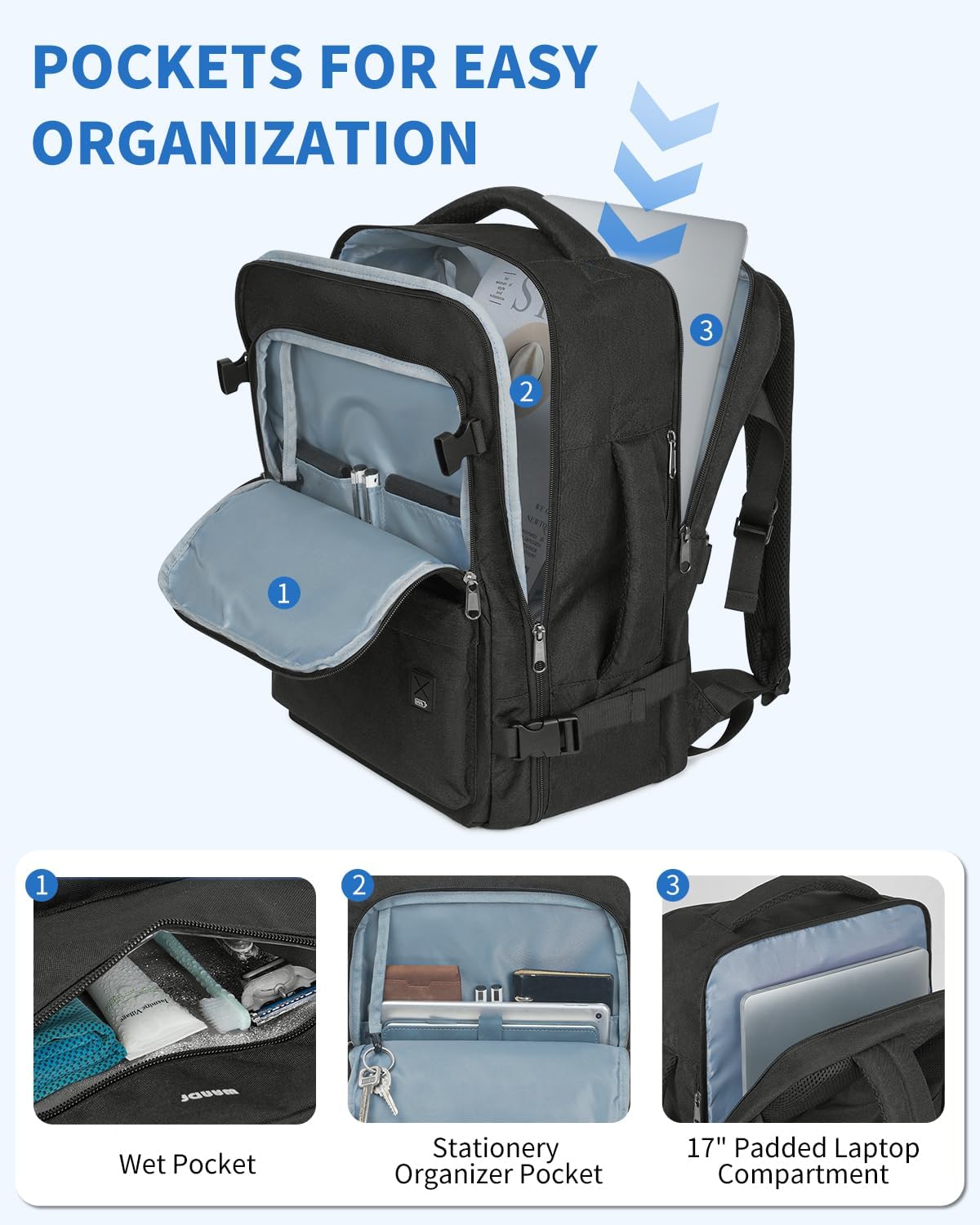 Travel Backpack For Spirit Airlines Personal Item Bag 18x14x8 with Wet Pocket, 17 Inch Laptop Backpack for Men Women（Black）