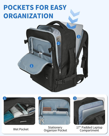 Travel Backpack For Spirit Airlines Personal Item Bag 18x14x8 with Wet Pocket, 17 Inch Laptop Backpack for Men Women（Black）