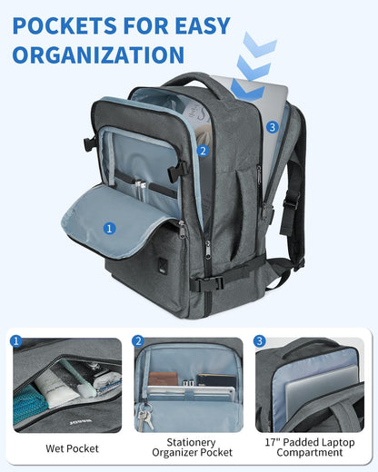 Travel Backpack For Spirit Airlines Personal Item Bag 18x14x8 with Wet Pocket, 17 Inch Laptop Backpack for Men Women（Black）