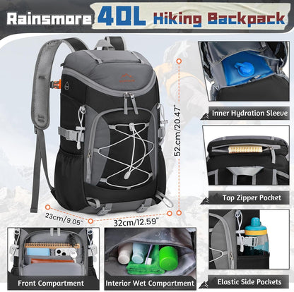 Foldable Hiking Backpack for Women Men Packable Camping Backpack 40L Waterproof Hiking Daypack Bag Lightweight Collapsible Daypack for Travel Trekking Mountaineering Large Capacity Black