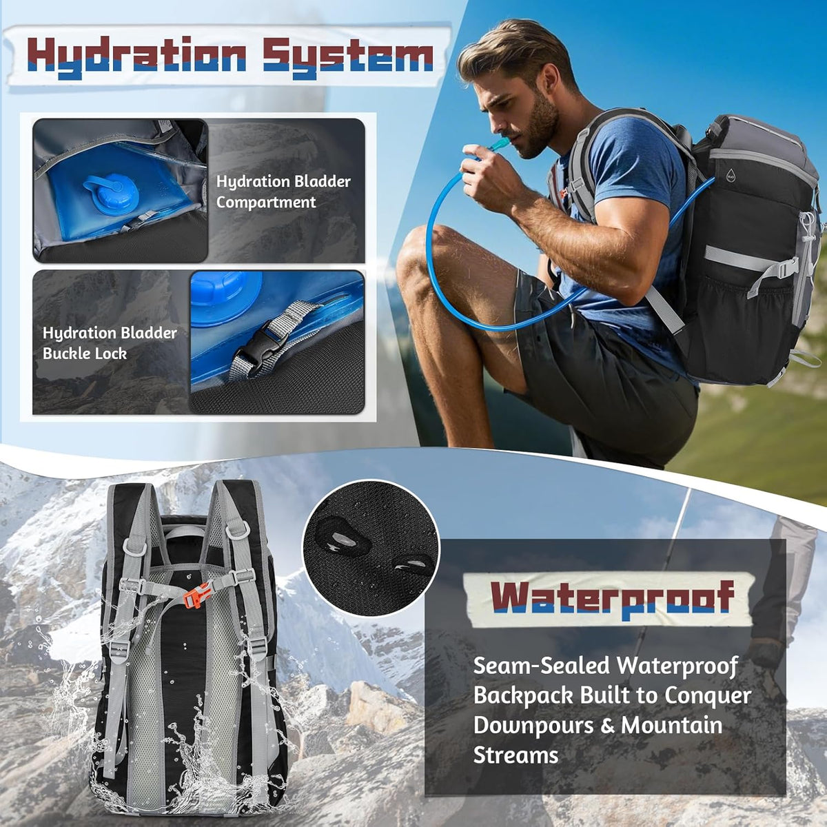 Foldable Hiking Backpack for Women Men Packable Camping Backpack 40L Waterproof Hiking Daypack Bag Lightweight Collapsible Daypack for Travel Trekking Mountaineering Large Capacity Black