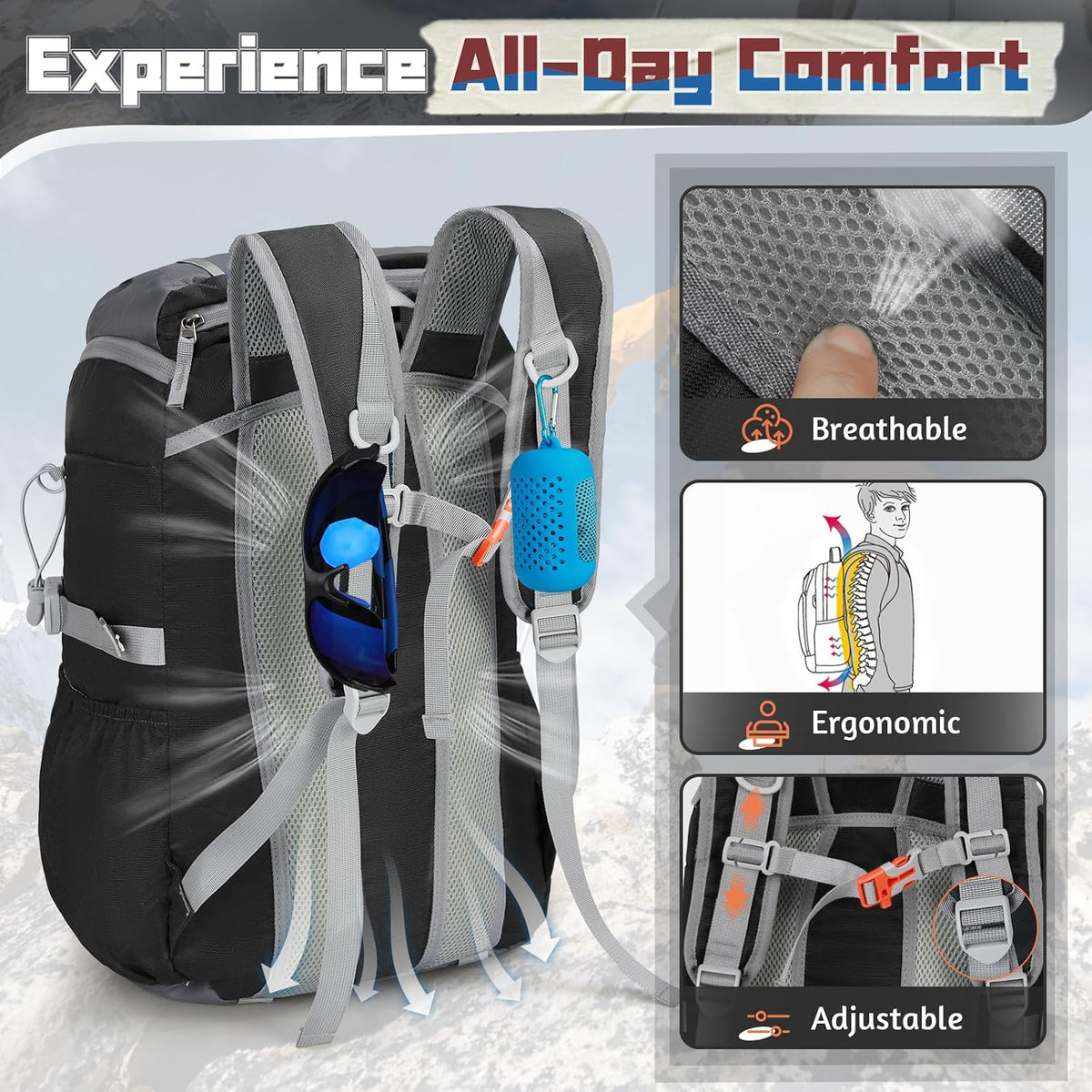 Foldable Hiking Backpack for Women Men Packable Camping Backpack 40L Waterproof Hiking Daypack Bag Lightweight Collapsible Daypack for Travel Trekking Mountaineering Large Capacity Black