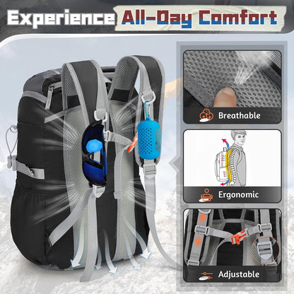 Foldable Hiking Backpack for Women Men Packable Camping Backpack 40L Waterproof Hiking Daypack Bag Lightweight Collapsible Daypack for Travel Trekking Mountaineering Large Capacity Black