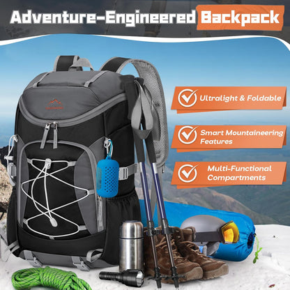 Foldable Hiking Backpack for Women Men Packable Camping Backpack 40L Waterproof Hiking Daypack Bag Lightweight Collapsible Daypack for Travel Trekking Mountaineering Large Capacity Black