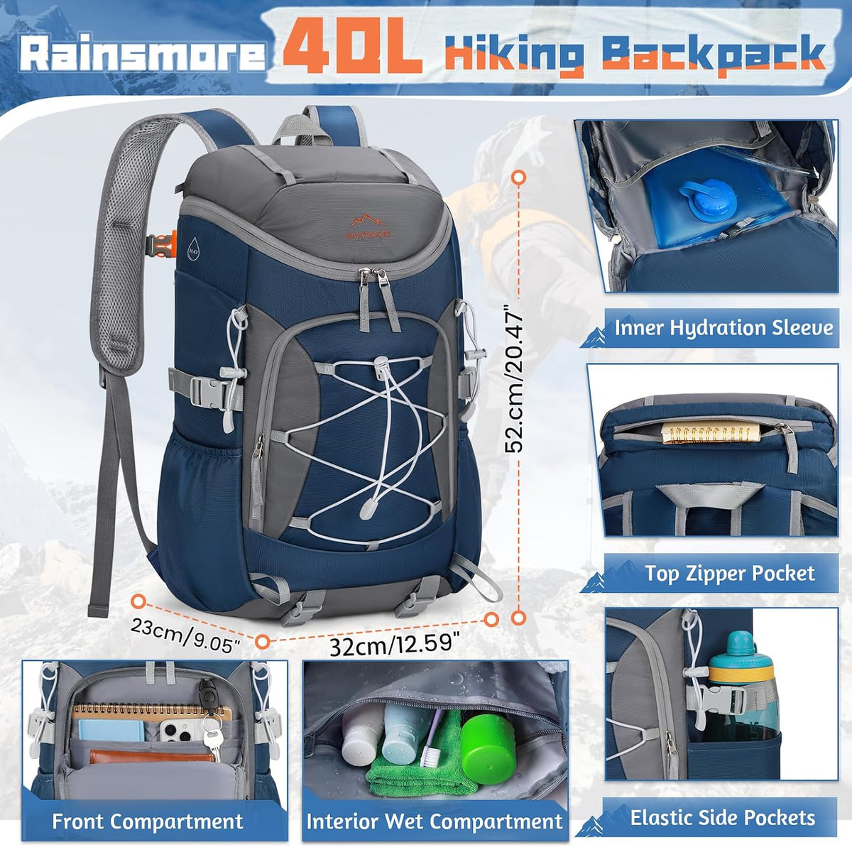 Foldable Hiking Backpack for Women Men Packable Camping Backpack 40L Waterproof Hiking Daypack Bag Lightweight Collapsible Daypack for Travel Trekking Mountaineering Large Capacity Black