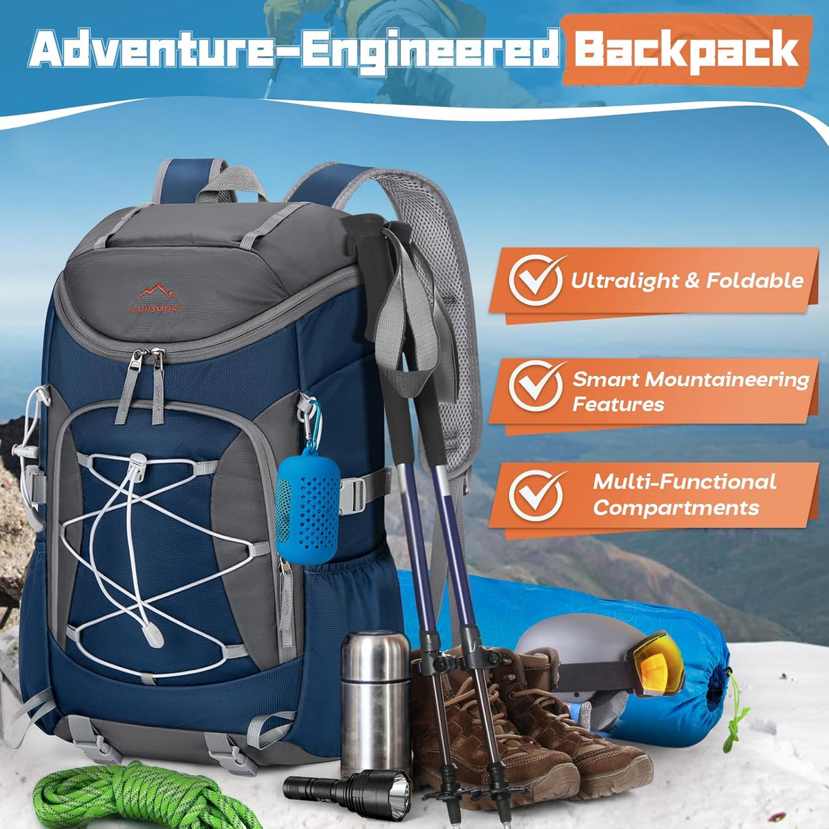 Foldable Hiking Backpack for Women Men Packable Camping Backpack 40L Waterproof Hiking Daypack Bag Lightweight Collapsible Daypack for Travel Trekking Mountaineering Large Capacity Black