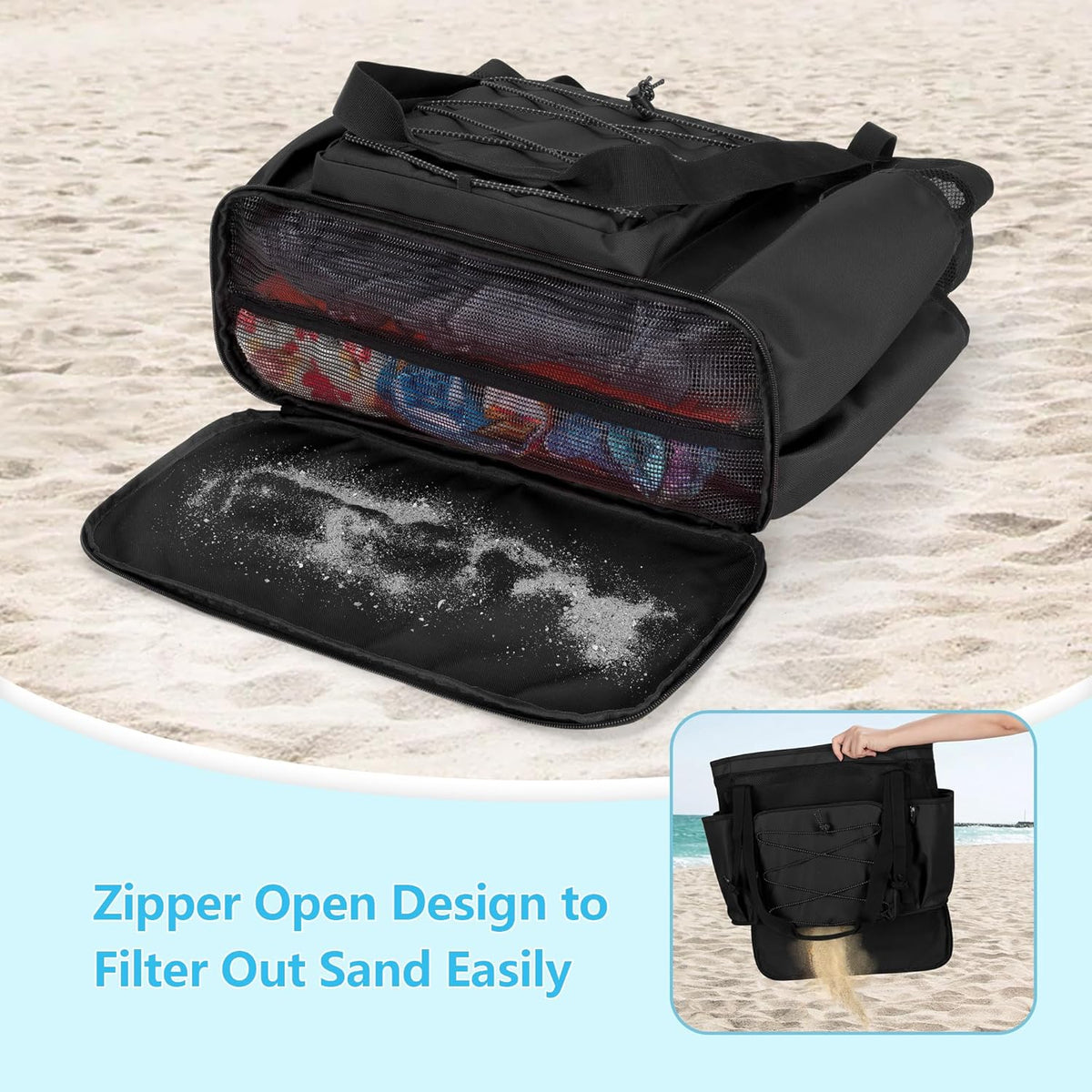 Beach Bag with Zipper Bottom, Large Beach Tote Bag for Men & Women | Wet/Dry Separation, Quick Dry Mesh, Spacious Storage for Towels, Swimsuits and Beach Essentials, Ideal for Pool and Travel