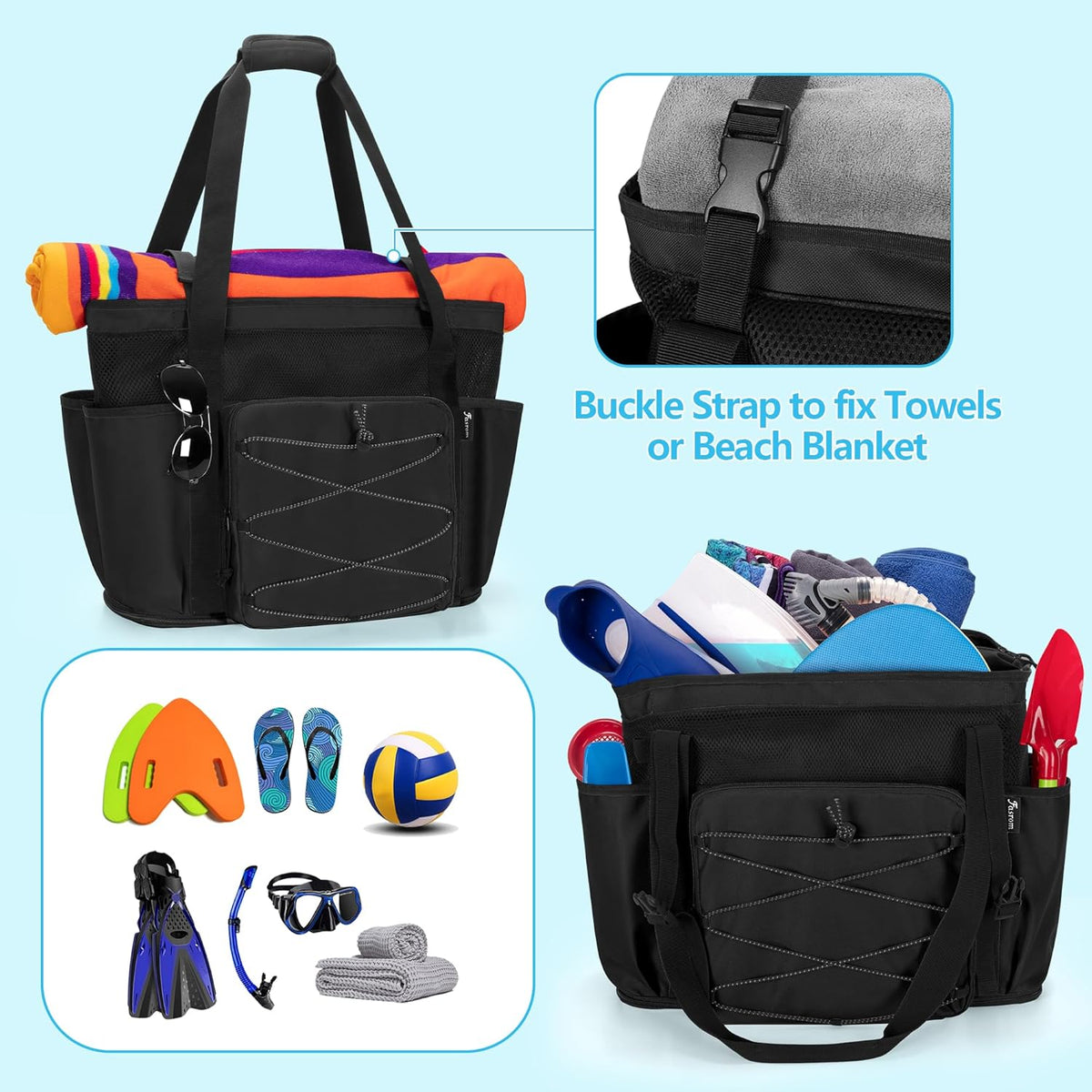 Beach Bag with Zipper Bottom, Large Beach Tote Bag for Men & Women | Wet/Dry Separation, Quick Dry Mesh, Spacious Storage for Towels, Swimsuits and Beach Essentials, Ideal for Pool and Travel