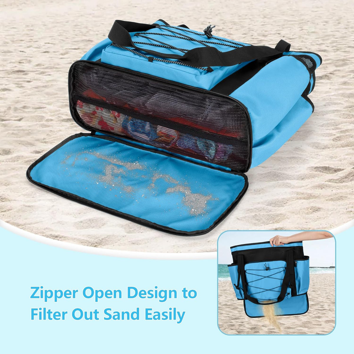 Beach Bag with Zipper Bottom, Large Beach Tote Bag for Men & Women | Wet/Dry Separation, Quick Dry Mesh, Spacious Storage for Towels, Swimsuits and Beach Essentials, Ideal for Pool and Travel
