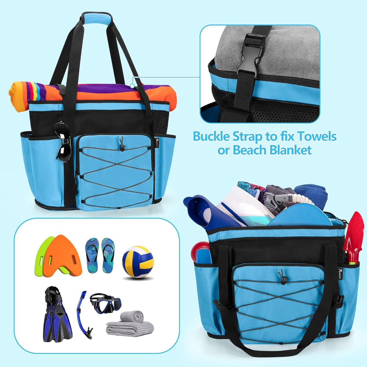 Beach Bag with Zipper Bottom, Large Beach Tote Bag for Men & Women | Wet/Dry Separation, Quick Dry Mesh, Spacious Storage for Towels, Swimsuits and Beach Essentials, Ideal for Pool and Travel