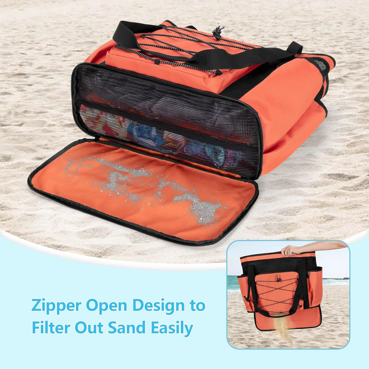 Beach Bag with Zipper Bottom, Large Beach Tote Bag for Men & Women | Wet/Dry Separation, Quick Dry Mesh, Spacious Storage for Towels, Swimsuits and Beach Essentials, Ideal for Pool and Travel
