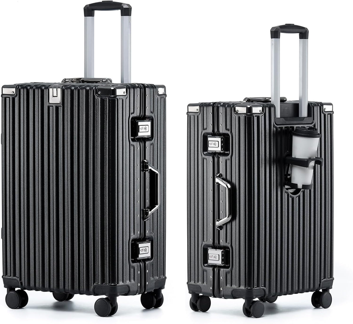20 Inch Aluminum Frame Carry On Luggage with Spinner Wheels, PC Hard Shell Suitcase with Cup Holder, Zipperless Luggage for Business Travel, Gray