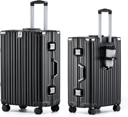 20 Inch Aluminum Frame Carry On Luggage with Spinner Wheels, PC Hard Shell Suitcase with Cup Holder, Zipperless Luggage for Business Travel, Gray
