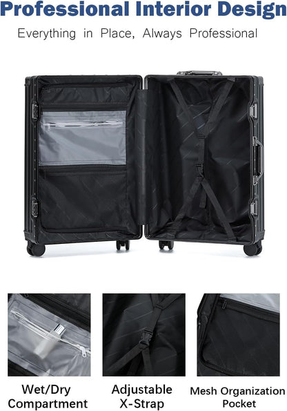 20 Inch Aluminum Frame Carry On Luggage with Spinner Wheels, PC Hard Shell Suitcase with Cup Holder, Zipperless Luggage for Business Travel, Gray