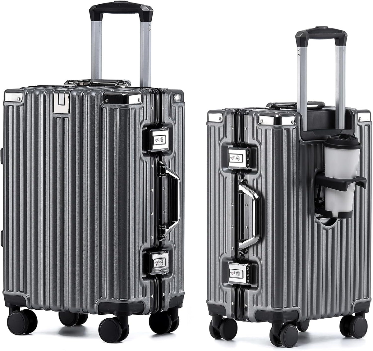 20 Inch Aluminum Frame Carry On Luggage with Spinner Wheels, PC Hard Shell Suitcase with Cup Holder, Zipperless Luggage for Business Travel, Gray