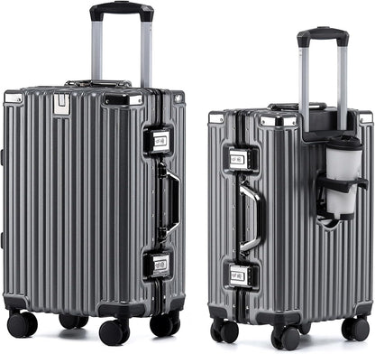 20 Inch Aluminum Frame Carry On Luggage with Spinner Wheels, PC Hard Shell Suitcase with Cup Holder, Zipperless Luggage for Business Travel, Gray