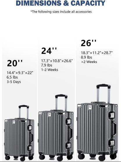 20 Inch Aluminum Frame Carry On Luggage with Spinner Wheels, PC Hard Shell Suitcase with Cup Holder, Zipperless Luggage for Business Travel, Gray