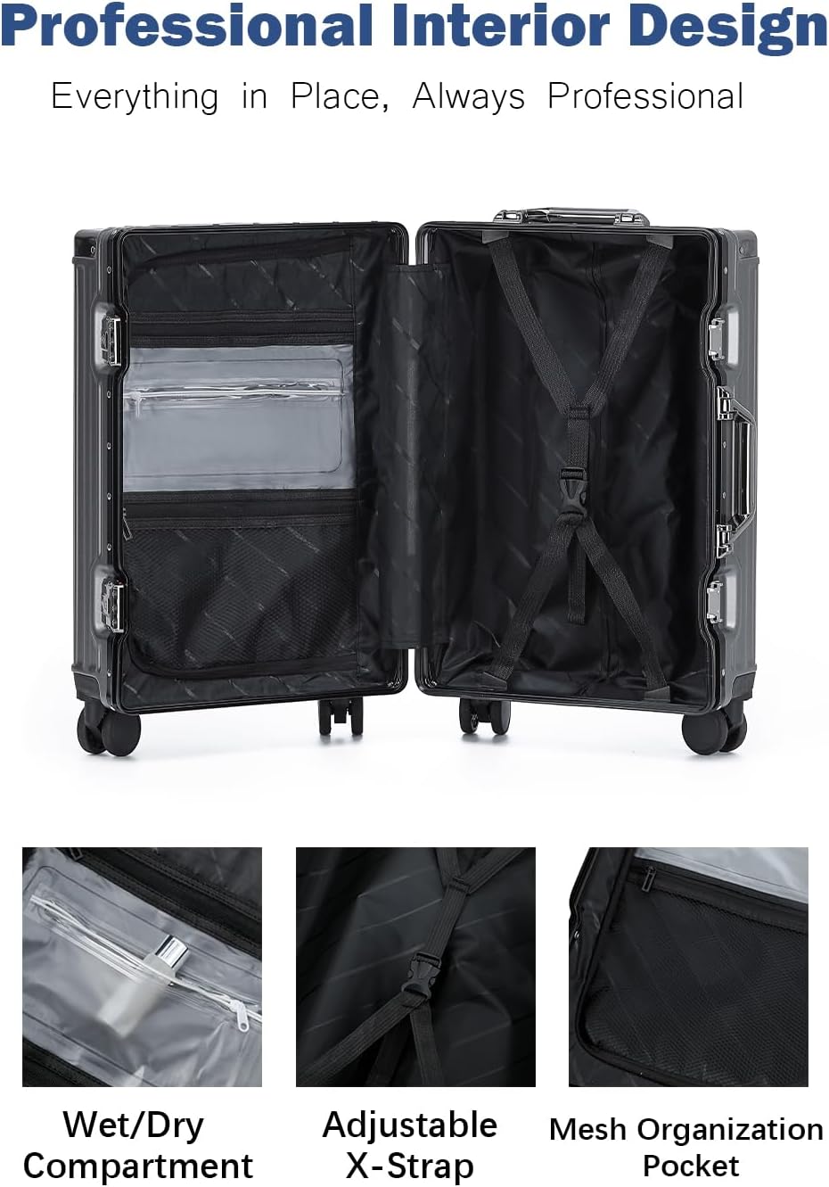 20 Inch Aluminum Frame Carry On Luggage with Spinner Wheels, PC Hard Shell Suitcase with Cup Holder, Zipperless Luggage for Business Travel, Gray