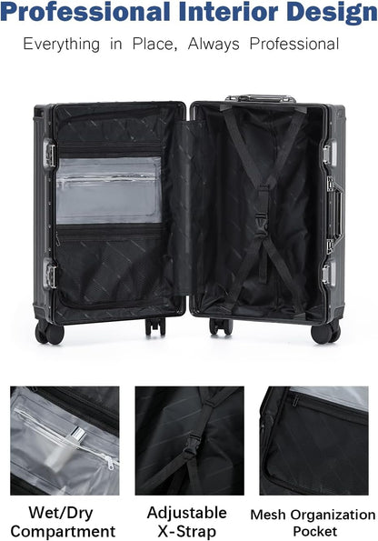 20 Inch Aluminum Frame Carry On Luggage with Spinner Wheels, PC Hard Shell Suitcase with Cup Holder, Zipperless Luggage for Business Travel, Gray