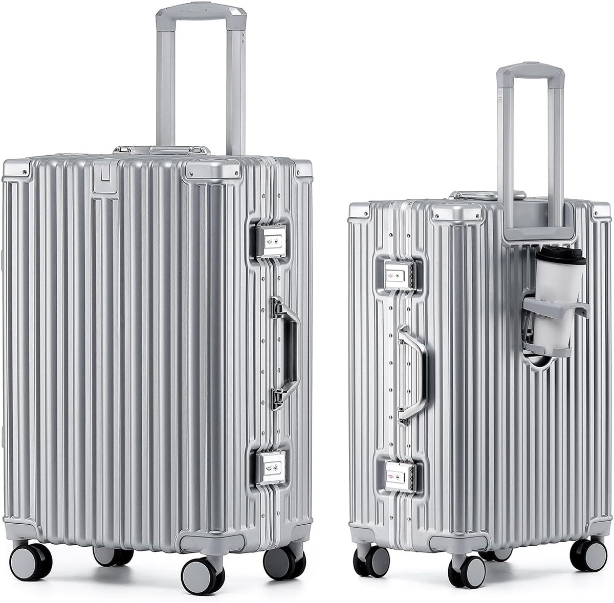 20 Inch Aluminum Frame Carry On Luggage with Spinner Wheels, PC Hard Shell Suitcase with Cup Holder, Zipperless Luggage for Business Travel, Gray