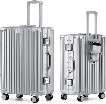 20 Inch Aluminum Frame Carry On Luggage with Spinner Wheels, PC Hard Shell Suitcase with Cup Holder, Zipperless Luggage for Business Travel, Gray